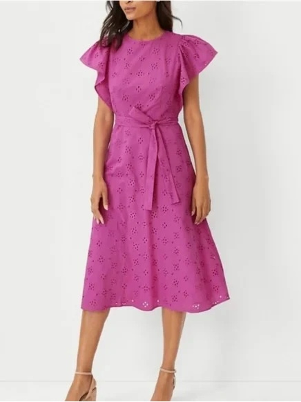 Ann Taylor Magenta Eyelet Midi Dress with Flutter Sleeves
